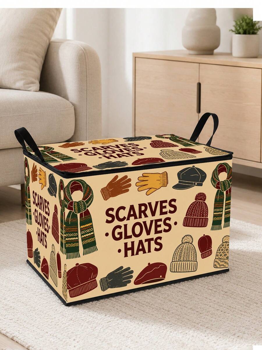 Storage Box Featuring Patterns Of Scarves, Gloves, And Hats; Foldable Storage Bin; Large-Capacity Organizer Suitable For Books, Holiday Gifts, Office Organization, Under-Bed Storage, And Rental Home Organization; Multifunctional Storage Container. - Multicolor - View 1