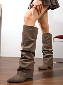 Women's Over-The-Knee Tall Boots, New Autumn/Winter Slimming High Heel Chunky Heel Wedge Heel Fold-Top Boots - Brown - View 3