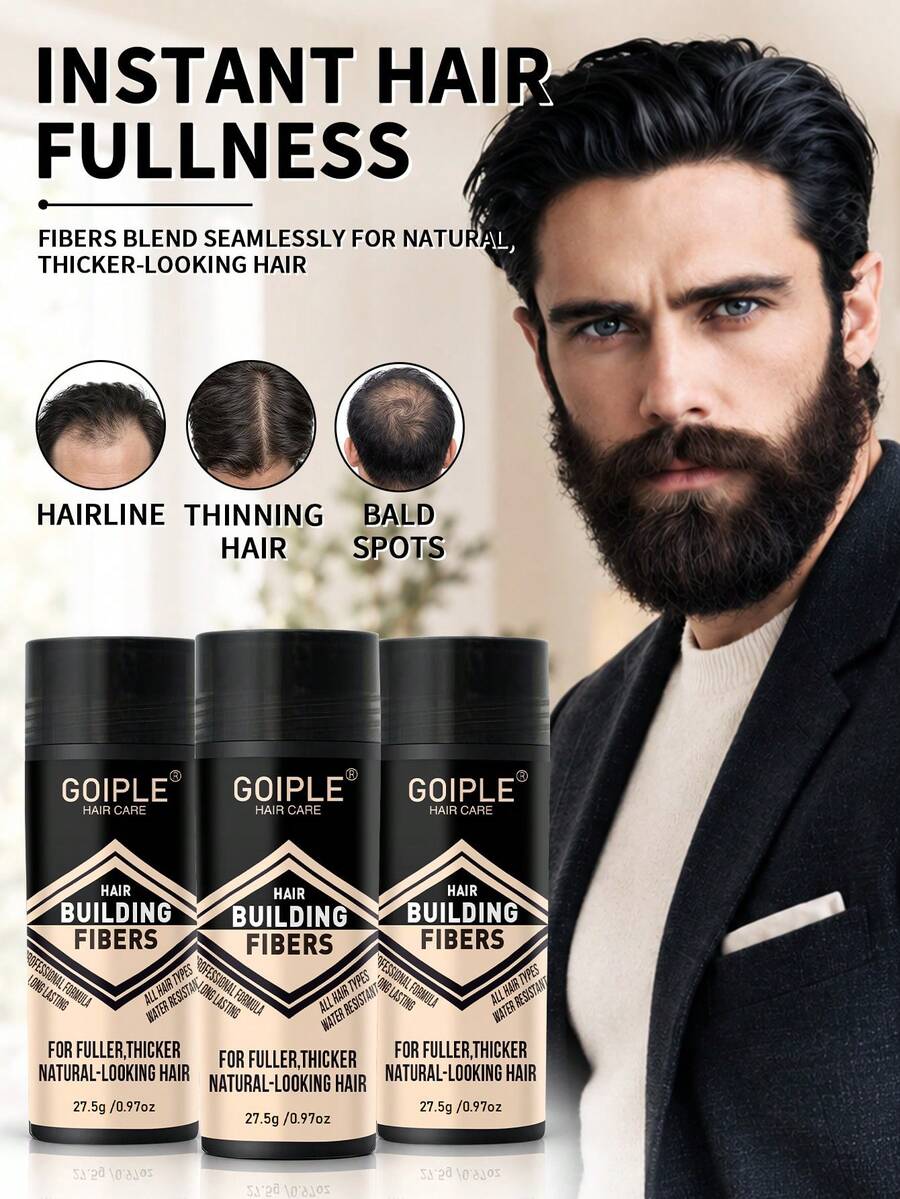 Goiple 3pcs Hair Fiber, Instantly Fill Hairline And Thin Hair, Create Fuller And Thicker Effect, Immediate Coverage For Bald Spots, Unisex Hair Fiber, Natural Hair Powder To Conceal Hair Loss (27.5g) - Multicolor - View 1