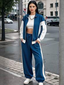 2pcs/Set Color Block Patchwork Contrast Blue & White Design Casual Elegant Versatile Zip-Up Hoodie & Pants Set, Suitable For Sporty, Homewear, Office, Street, Commute, Spring/Autumn/Winter, Graduation, Back To School, Female Teacher Outfit, Loose Fit Sweatshirt And Sweatpants - Blue and White - View 1