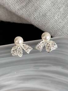 1 Pair French Vintage Black Polka Dot Bow Earrings, Unique & Beautiful Delicate Stud Earrings For Women - Silver - View 3