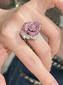 1pc Sweet Personalized Pink Flower Glass Open Ring, Suitable For Women's Ball, Party, Vacation, Holiday Wear - Silver+Pink - View 6