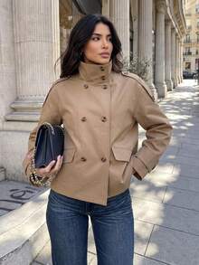 Women's Solid Color Double-Breasted Long Sleeve Casual Jacket - Khaki - View 2