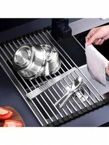 Stainless Steel Roll-Up Dish Rack / Kitchen Anti-Slip Drain Mat - Foldable, Space-Saving, Over Sink, Rust-Resistant, Easy To Clean, Suitable For Kitchen Sink, Countertop, Refrigerator Organization - Multicolor - View 9