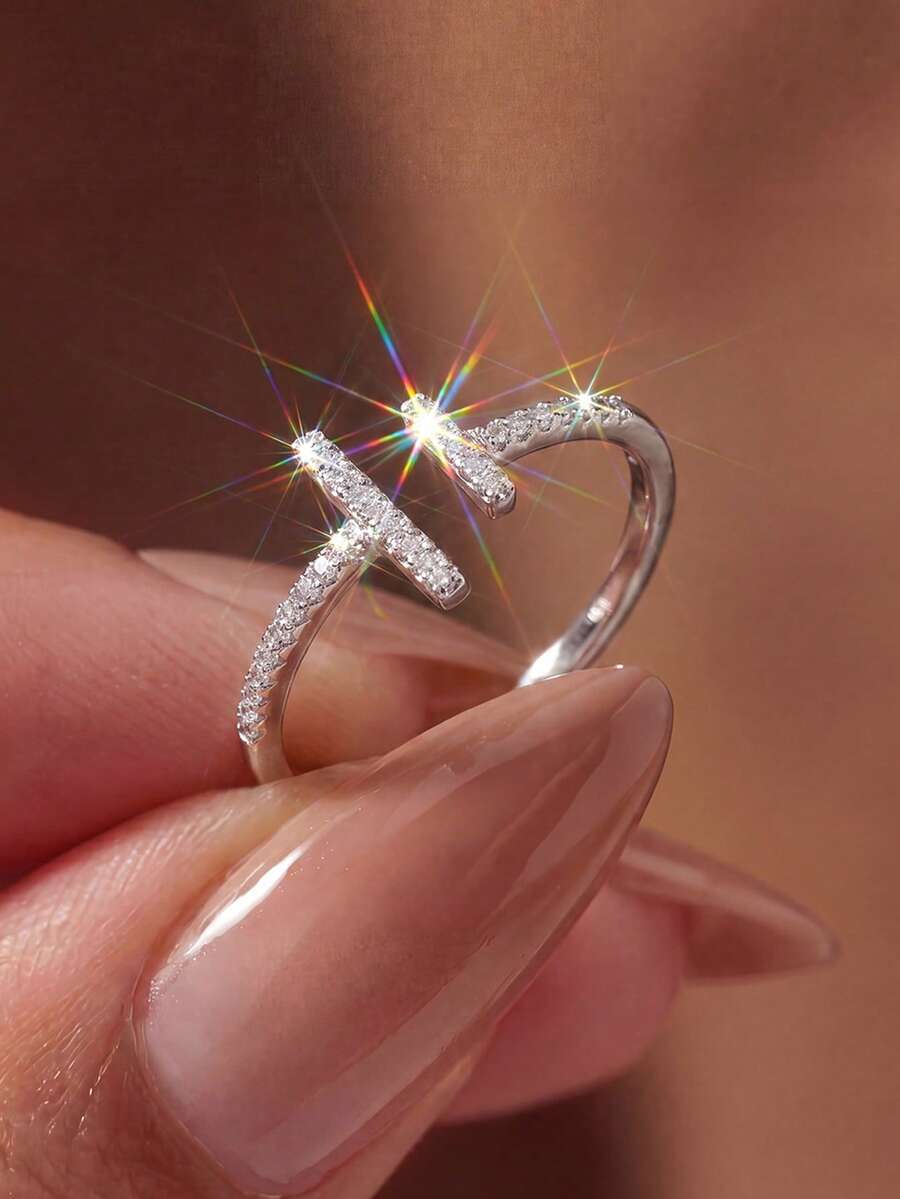 1pc Parallel Long & Short Rhinestone Open Ring, Birthday Gift, Romantic Women's Ring