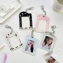 Music Note & Piano Key Pattern Photocard Holder With Star Shaped Keychain, Photo Card Sleeve For 3 Inch Collectible Cards - A - View 1