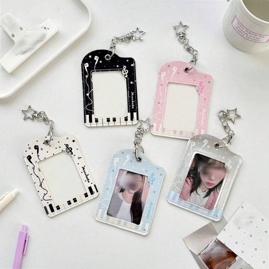 Music Note & Piano Key Pattern Photocard Holder With Star Shaped Keychain, Photo Card Sleeve For 3 Inch Collectible Cards - A - View 1
