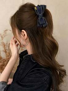 1pc Autumn Denim Bow Banana Clip Hair Clip For High Ponytail Bun, Volumizing Hair Accessory, Fashionable Versatile Women's Hair Clip, Holiday Decoration For Christmas, Halloween, New Year - Multicolor - View 5