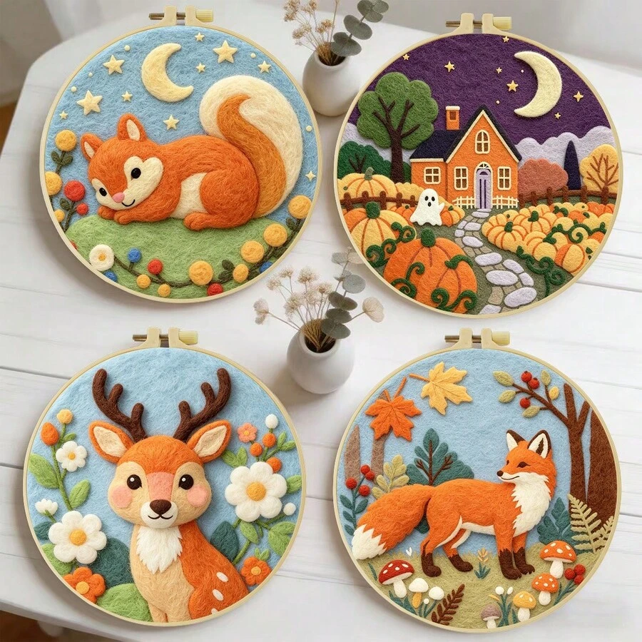 Needle Felting Kit For Beginners. 2D Flat Printing. Fawns, Foxes And Squirrels. For New & Skilled Crafters. DIY Wool Painting Set. Includes Foam Mat, Felt, Hoop & Guide. Handmade Home Decor Ornament. 20x20cm/7.87x7.87in.