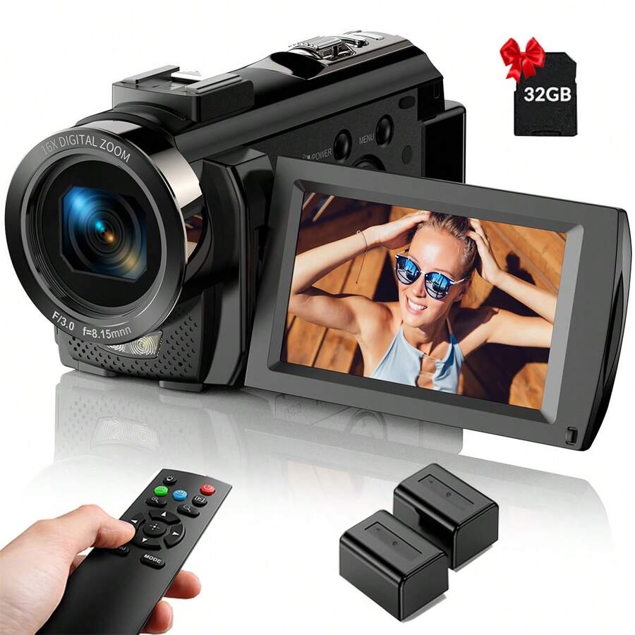 Nicamery Vlog Camera 1080P Full HD 24MP Video Recorder Portable Digital Camera For Home Use 16X Digital Zoom 3.0-Inch IPS 270-Degree Rotating Screen Video Blog Camera With Anti-Shake And Flash For Travel Recording And Meeting Interviews With 32GB Memory Card - Black - View 1