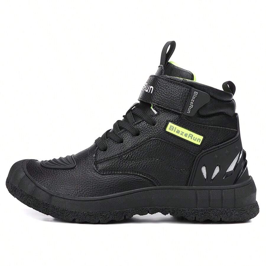 New Men's Casual Motorcycle Boots, Suitable For Combat, Fashionable Motorcycle Shoes, Riding Shoes, With Rotating Buckle, PU Upper Motorcycle Shoes - Black and Green - View 1