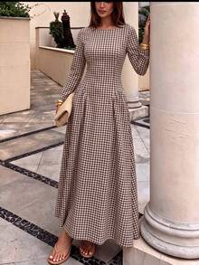 Dirp Noir Women's Autumn Vintage Plaid Round Neck Waist-Cinching Mid-Length Dress, Suitable For Commuting, Dating, Back-To-School Prom - Brown - View 4