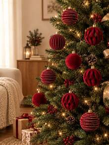 12PCS Red Plush-Texture Christmas Ornament-An Outdoor/Patio Christmas Tree Decoration Perfect For Creating A Festive "Winter Wonderland" Atmosphere; Suitable For New Year And Christmas Decor, Home And Garden Styling, And Holiday Table Settings. - Multicolor - View 2