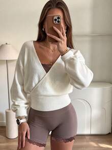 Women's Fashion White Knitted Sweater, Regular Length Long Sleeve Pullover, Slightly Elastic, Suitable For Spring And Autumn Wear. - White - View 3