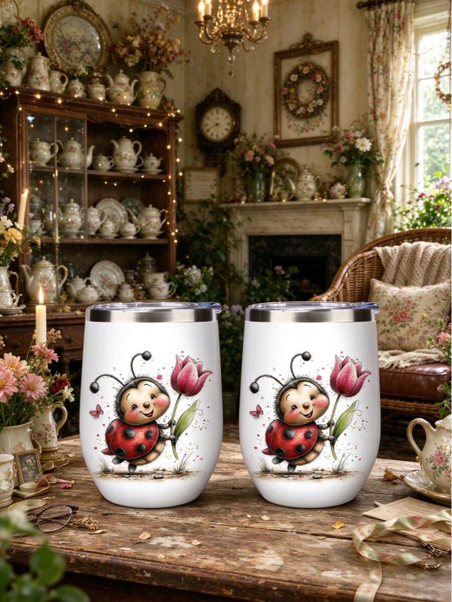 1pc/5pcs 12oz Watercolor Spring Cartoon Ladybug Tulip Insulated Egg-Shaped Tumbler, Stainless Steel Travel Mug With Clear Lid, Portable Reusable Drinkware - Multi-color - Ladybug - View 1