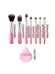 8pcs Makeup Brush Set, Foundation Brush, Blush Brush, Eyeshadow Brush, Contour Brush, Powder Brush, With Triangle Powder Puff, Mini Makeup Set, Portable Beauty Tools - Pink - View 8