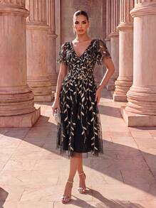 EVERPRETTY Elegant Butterfly Sleeve Sequin Floral Wedding Guest Dress, Black & Gold Formal Evening Gown, Suitable For Party & Formal Dinner - Black and Gold - View 2