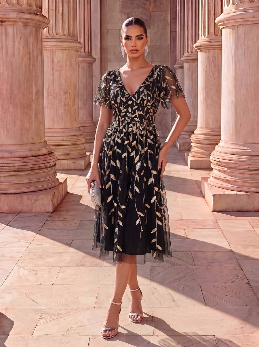 EVERPRETTY Elegant Butterfly Sleeve Sequin Floral Wedding Guest Dress, Black & Gold Formal Evening Gown, Suitable For Party & Formal Dinner