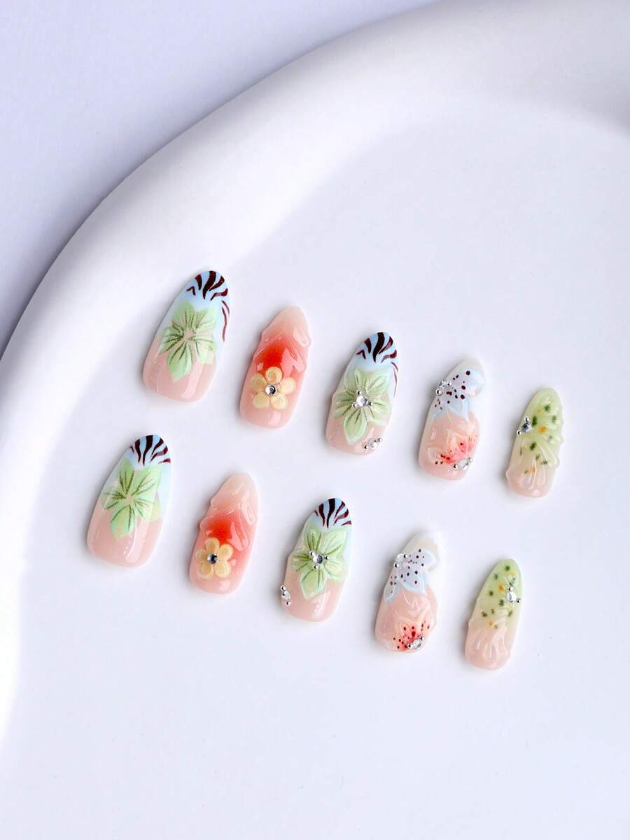 10Pcs Almond Handmade Press On Nails For Women, Fall 3D Embossed Painted Floral False Nails, Orange Green Nude Tone Flower Art Design With Sparkly Rhinestone Inlay, French Tip Fake Nails Kit For Daily Wear Dating Party Thanksgiving. - Multicolor - View 1