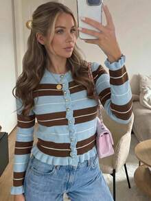 Plus Size Women Fall Winter Multicolor Striped Ruffle Trim Knit Cardigan , Casual Daily Long Sleeve Vacation For Women Fashion Top - Blue - View 4