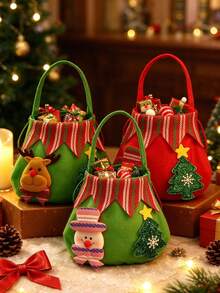 3pcs Christmas Felt Tote Gift Bags, Santa Claus Snowman Reindeer Pattern Christmas Tote Storage Bags, Portable Reusable Holiday Gift Bags, Suitable For Christmas Party, Gift Storage And Decoration - Multicolor - View 10
