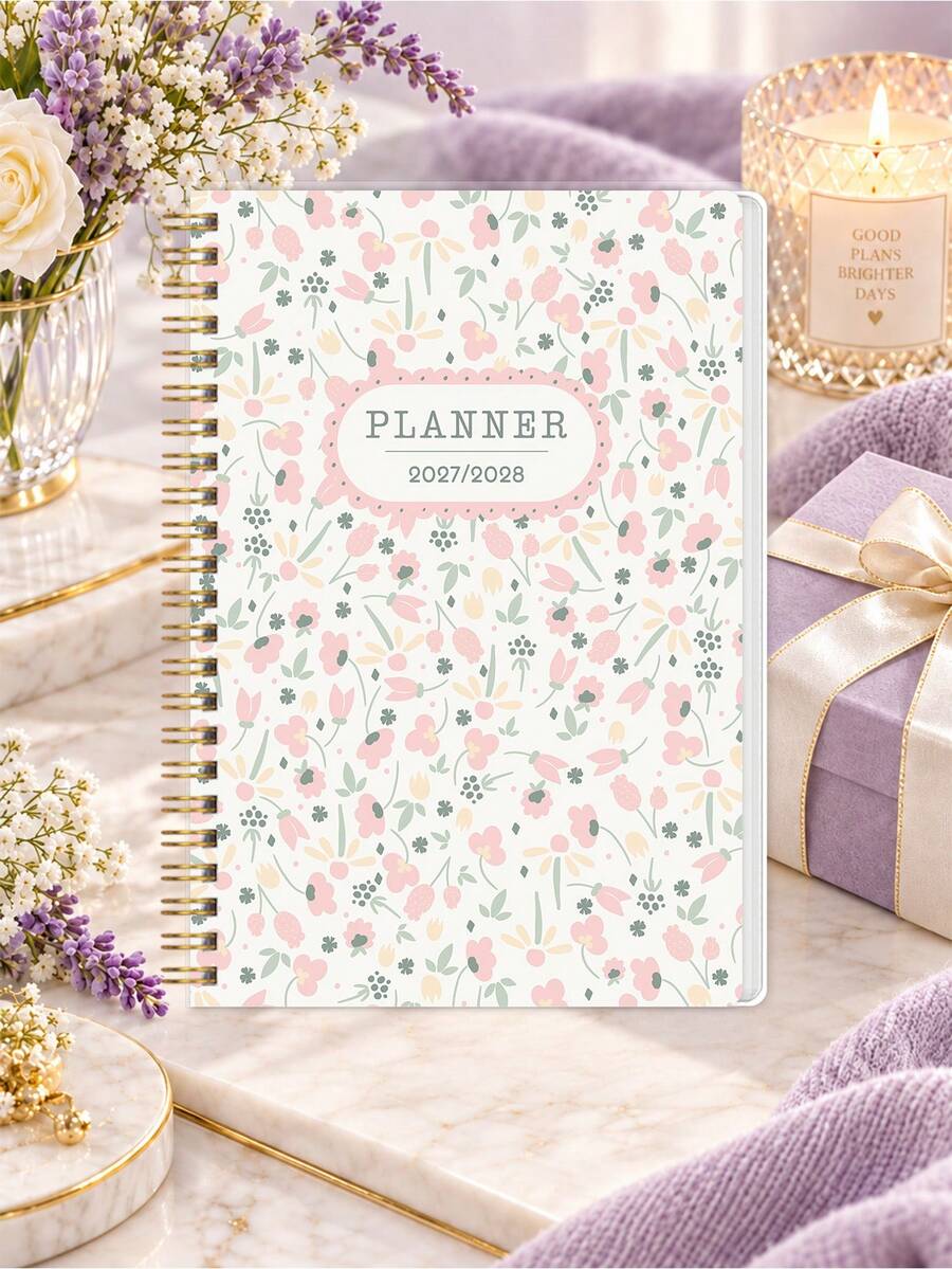 1pc 2027-2028 A5 Planner Notebook, Gold Spiral Binding With Weekly & Monthly Calendar Layout For Desk Organization, Work Planning & Personal Schedules, Office Decor, Office Desk Accessories, Christmas Gifts - A - View 1