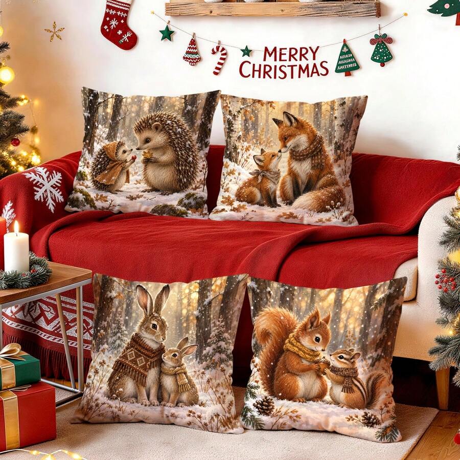 4pcs/1pc Winter Forest Animal Pattern Pillow Covers, Single-Sided Printed Pillow Covers, Suitable For Living Room, Bedroom, Home Decor, All-Season Pillow Covers - Multicolor - View 1