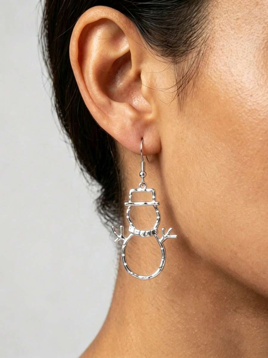 Christmas 1 Pair Cute Hollow Silver-Colored Snowman Shaped Earrings, Suitable For Women To Wear In Autumn/Winter, Perfect Gift For Christmas Celebration - Silver - View 1