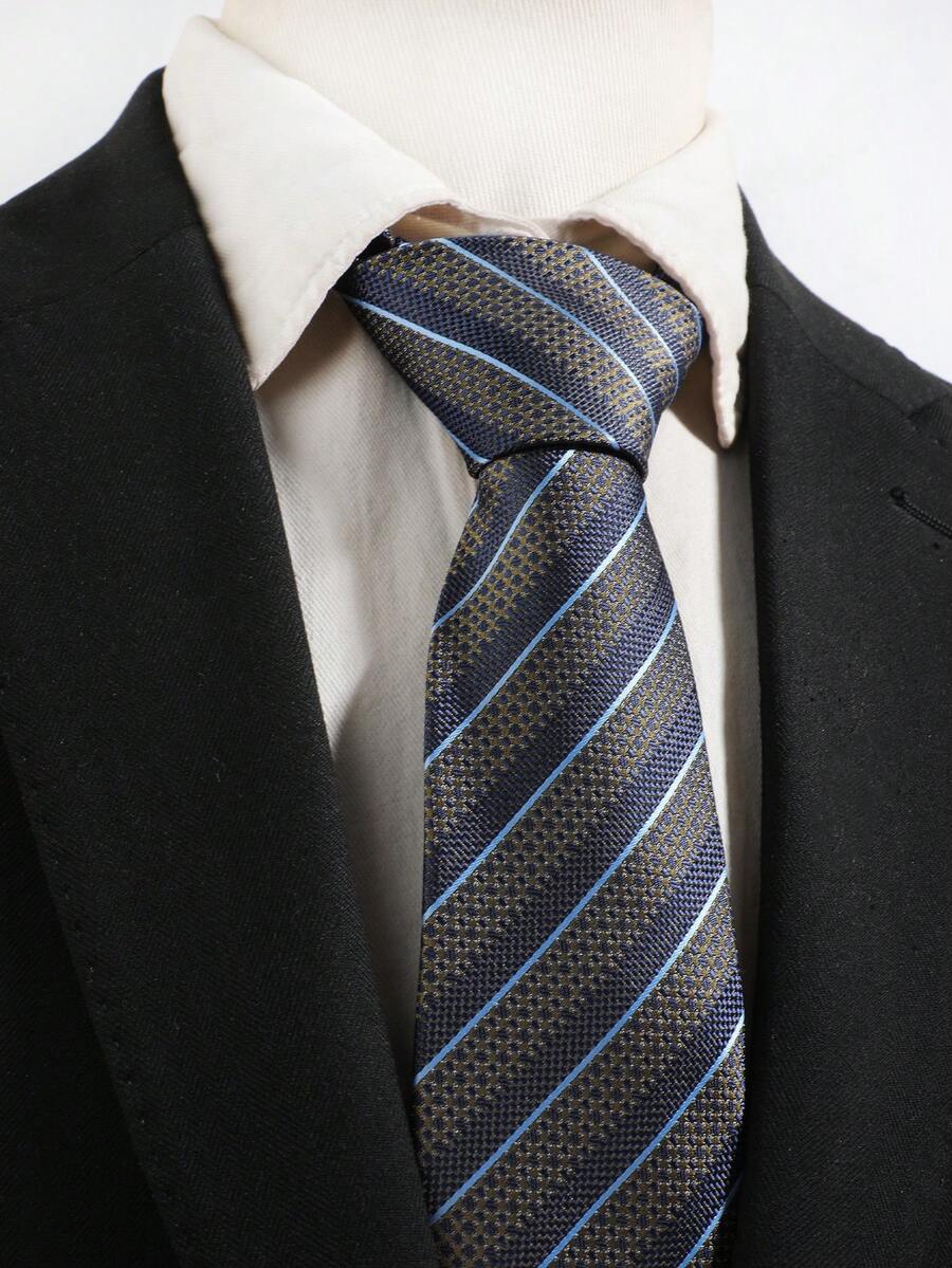 1pc Men's Navy Blue Striped Necktie, Textured Woven Formal Business Tie For Wedding Suit - Multicolor - View 1