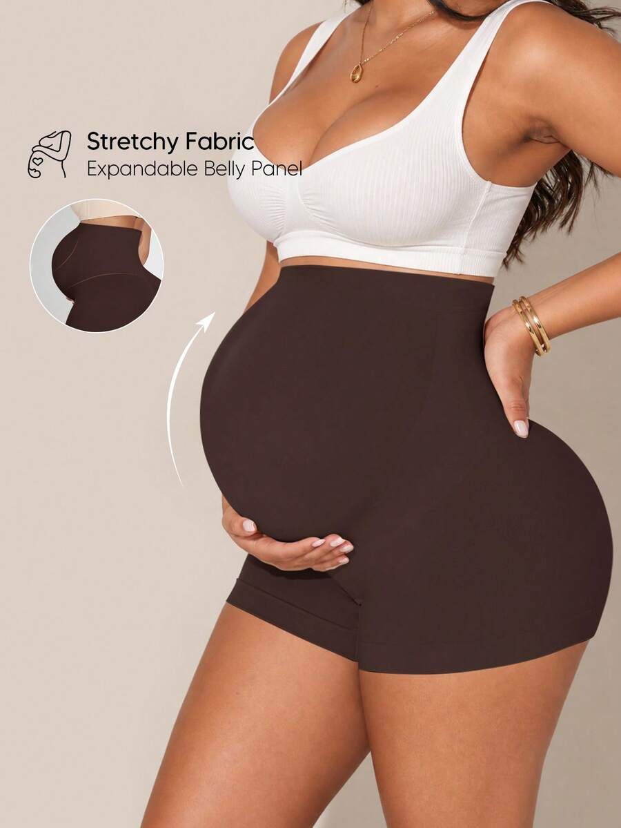 Maternity High Waist Belly Support Shorts With Expandable Abdominal Support Panel - Chocolate Brown - View 1