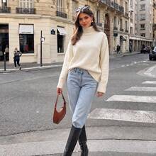 Women's Solid Color High Neck Knitted Sweater, Drop Shoulder Long Sleeve Pullover, Minimalist Aesthetic Loose Fit, Suitable For Daily Wear, Dating, Street Style, Weekend Outings - Off-white - View 2