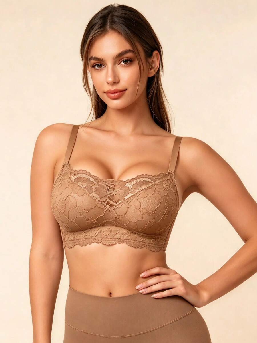 Lilivine Wireless Black Lace Bra, Supportive & Comfortable, Thin Sheer Mesh, Sexy & Alluring For Women, Confidence Boost - Apricot - View 1