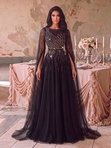 Elegant Black Long Ball Gown, Rhinestone & Sequin Embellished Bodice, Sheer Extra Long Cape Sleeves, Suitable For Formal Evening Party - Black - View 2