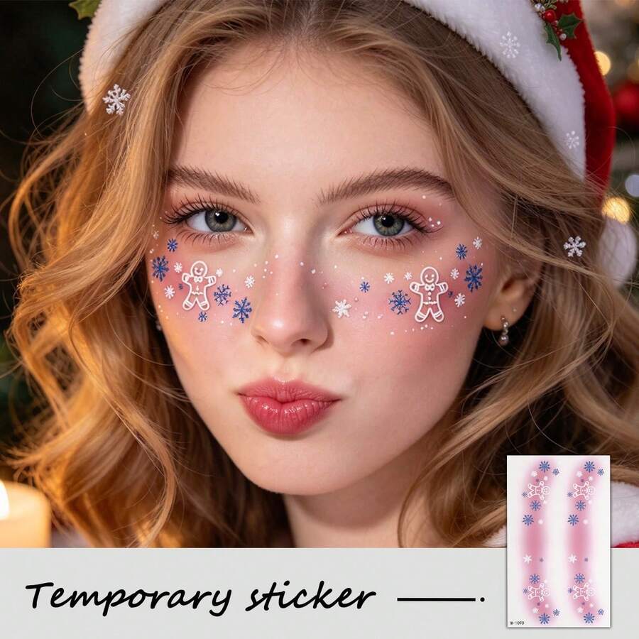 1 Sheet Christmas Gingerbread Man & Snowflake Freckle Face Stickers, Blue White Snow Speckle Temporary Facial Tattoos, Xmas Holiday Party Face Makeup Decorations - Multicolor - View 1