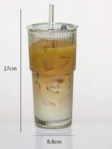 1 Set Striped Glass Cup With Straw And Lid, Portable Minimalist Style Water Cup, Vertical Striped Glass Cup, Reusable High-Quality Coffee & Juice Cup, Multi-Function Beverage Container, Suitable For Home Use - Multicolor - View 12