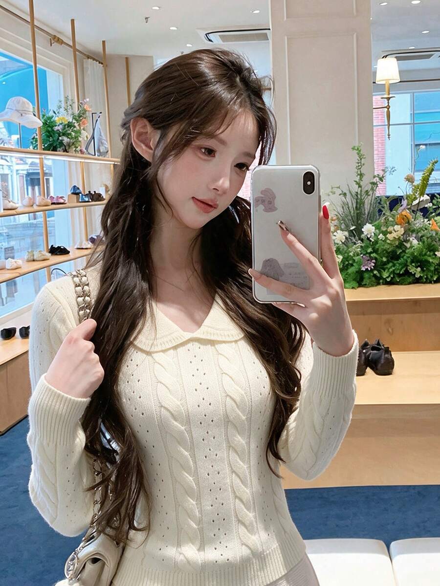 French Style Twisted Collar Knit Sweater Women Autumn Winter Short Cardigan Inner Layer Top - Apricot - View 1