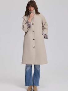 French Vintage Old Money Style Single-Breasted Long Trench Coat Plaid Colorblock Cuffed Sleeve Jacket - Khaki - View 1
