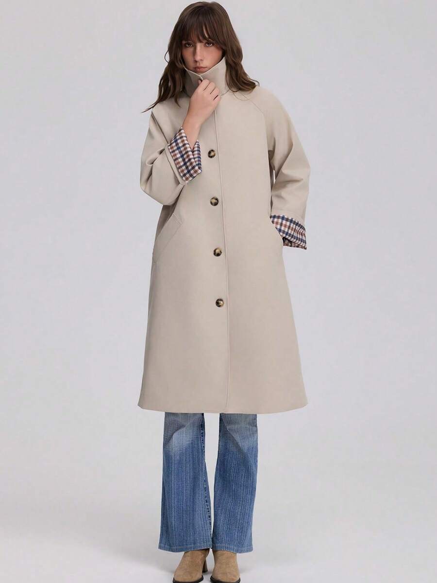 French Vintage Old Money Style Single-Breasted Long Trench Coat Plaid Colorblock Cuffed Sleeve Jacket - Khaki - View 1