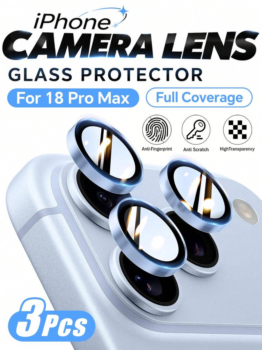 3入組 [2026新款] 9H+ 鋼化玻璃相機鏡頭保護貼，相容 iPhone 18 Pro Max/18 Pro/Duo/17 Pro Max/17 Pro/17/16 Pro Max/16 Pro/16 Plus/16/15/14/13/12/11 Pro Max – 天藍色，高透光率、真實色彩還原、防刮、防指紋、無氣泡、易安裝、相容手機殼 - 淺藍色 - 查看 1