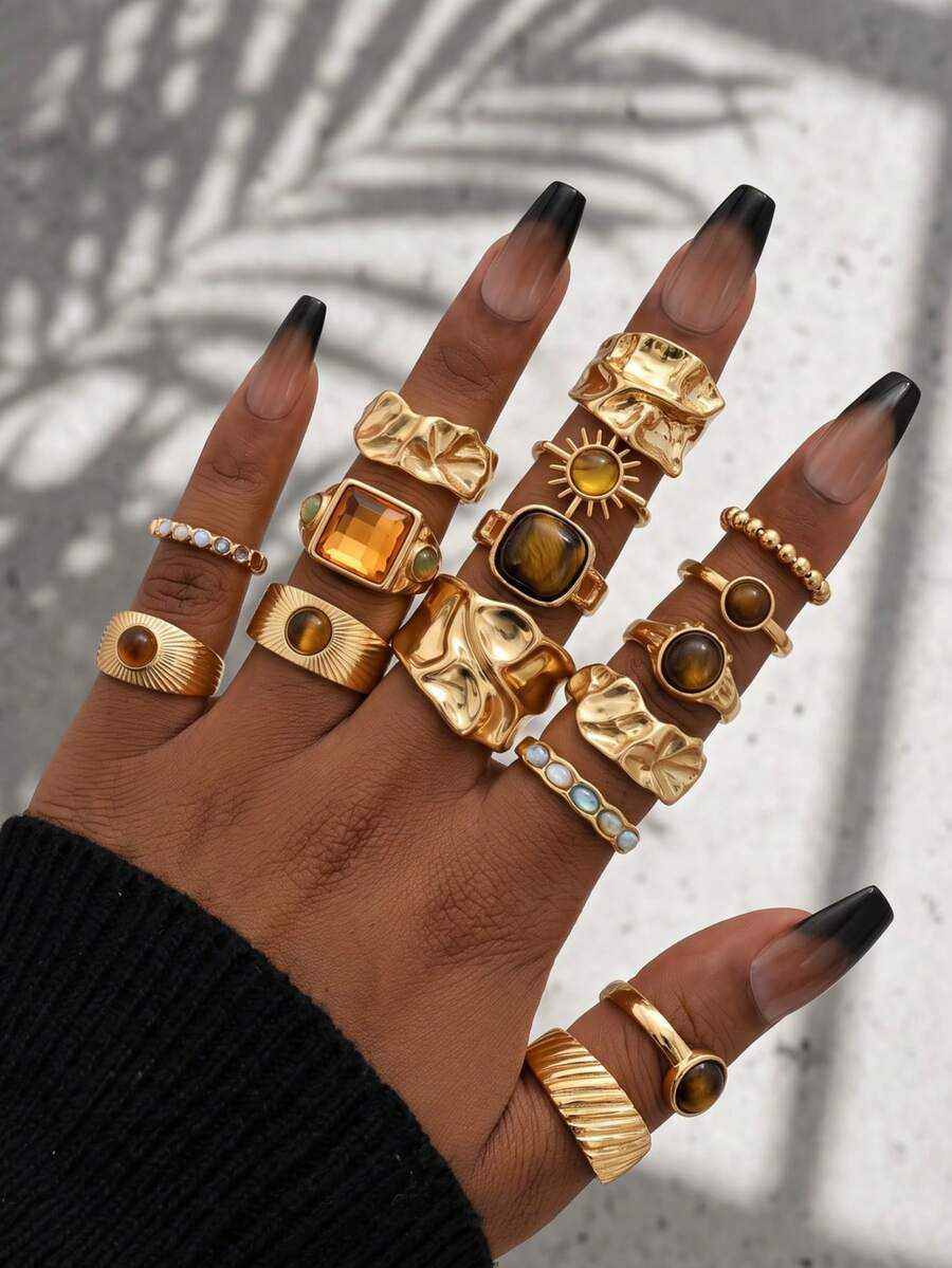 12/5pcs Fashion Luxury Vintage Tiger Eye Stone Open Ring Set, Designer Ins Style Metal Glossy Wrinkled Finger Rings, Suitable For Party, Vacation, Gift For Friends And Family, Daily Wear - Yellow Gold - View 1