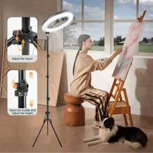 Set Lampu Ring Selfie LED 10 Inci dengan Tripod yang Dapat Diatur Ketinggiannya hingga 57,1 Inci dan Penjepit Ponsel Universal. Dilengkapi dengan kenop peredup yang dapat disesuaikan dan ditenagai USB. Stabilizer universal ini mendukung lampu ring DIY dan kompatibel dengan kamera. - Hitam - View 5