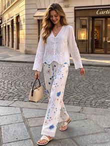 Women's Floral Print Wide-Leg Pants, Elastic Drawstring Waist, Lace Hem, White Flowy Lightweight Casual Beach Vacation Trousers - Multicolor - View 6