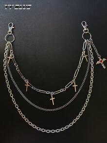 1pc Dark Cross Pants Chain, Red Heart Wing Pendant Multi-Layer Waist Chain, Hip-Hop Jeans Hanging Chain, Unisex Subculture Accessory - Silver - View 4