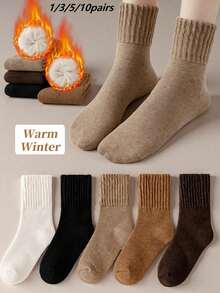 1/3/5/10 Pairs Women's Solid Color Thick Warm Mid-Calf Socks, Ribbed Loose Cuff Fleece Lined Warm Socks, Suitable For Autumn/Winter Daily Wear And Sleep - Multicolor - View 10