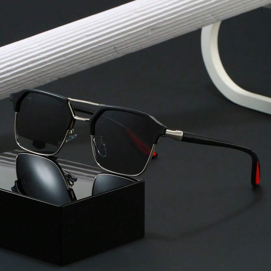 1PC Men's Double Bridge Korean Style Half-Frame Polygon Glasses, Vintage Double Bridge Eyebrow Frame Premium Outdoor Glasses, Unisex Premium Glasses - Multicolor - View 1