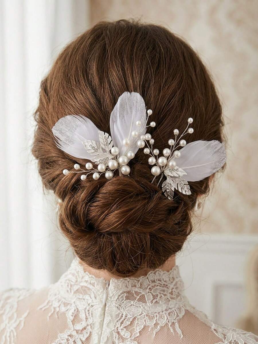 1pc Feather & Faux Pearl Decorated Fairy Hair Stick, Elegant Hair Accessory Suitable For Bride Wedding, Daily Party, Photo Shoot - Silver - View 1
