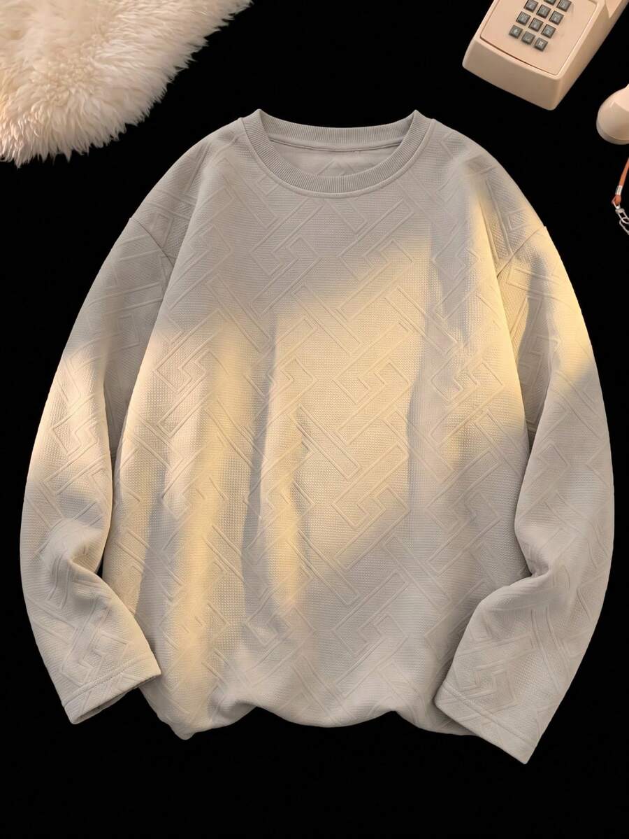 Blueprint Man 1pc Men's T-Shirt, Khaki Crew Neck Long Sleeve Top, All-Over 3D Embossed Geometric Pattern, Soft Skin-Friendly Fabric, Delicate And Soft Touch, Loose Drop Shoulder Fit, Flattering For All Body Types, Casual Slouchy, Spring/Autumn Commute, Shopping, Travel, Old Money Style - Khaki - View 1