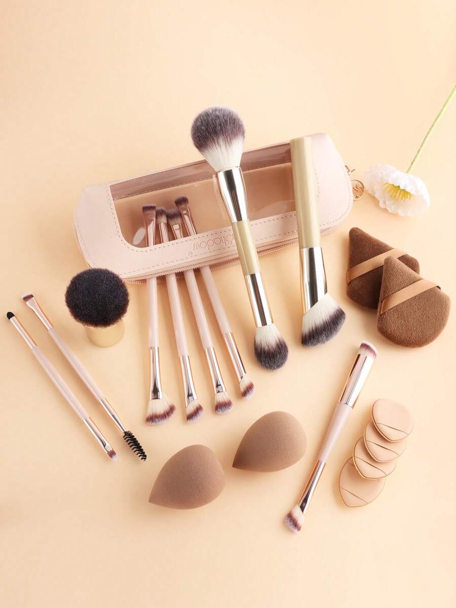 ronshadow مجموعة فرش مكياج 19 قطعة مع 10 فرش مكياج و 8 إسفنجات/وسادات مكياج، تشمل حقيبة تخزين واحدة، شعيرات ناعمة، مناسبة لمكياج الحفلات والرحلات القصيرة وممارسة المكياج للمبتدئين - متعدد الألوان - مشاهدة 1
