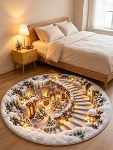 1pc Winter Christmas Magic Castle Round Rug, Snowy Ancient Castle Christmas Tree Night Scene Pattern, Thick Anti-Slip Bedroom Bedside Holiday Mat, Bedside Rug, Decorative Rug, Welcome Mat, Rug, Floor Mat, Outdoor Door Mat, Kitchen Home Decor, Front Door Mat, Area Rug, Outdoor Mat, Home Decor, Garden Rug, Washable Rug - Multicolor - View 1