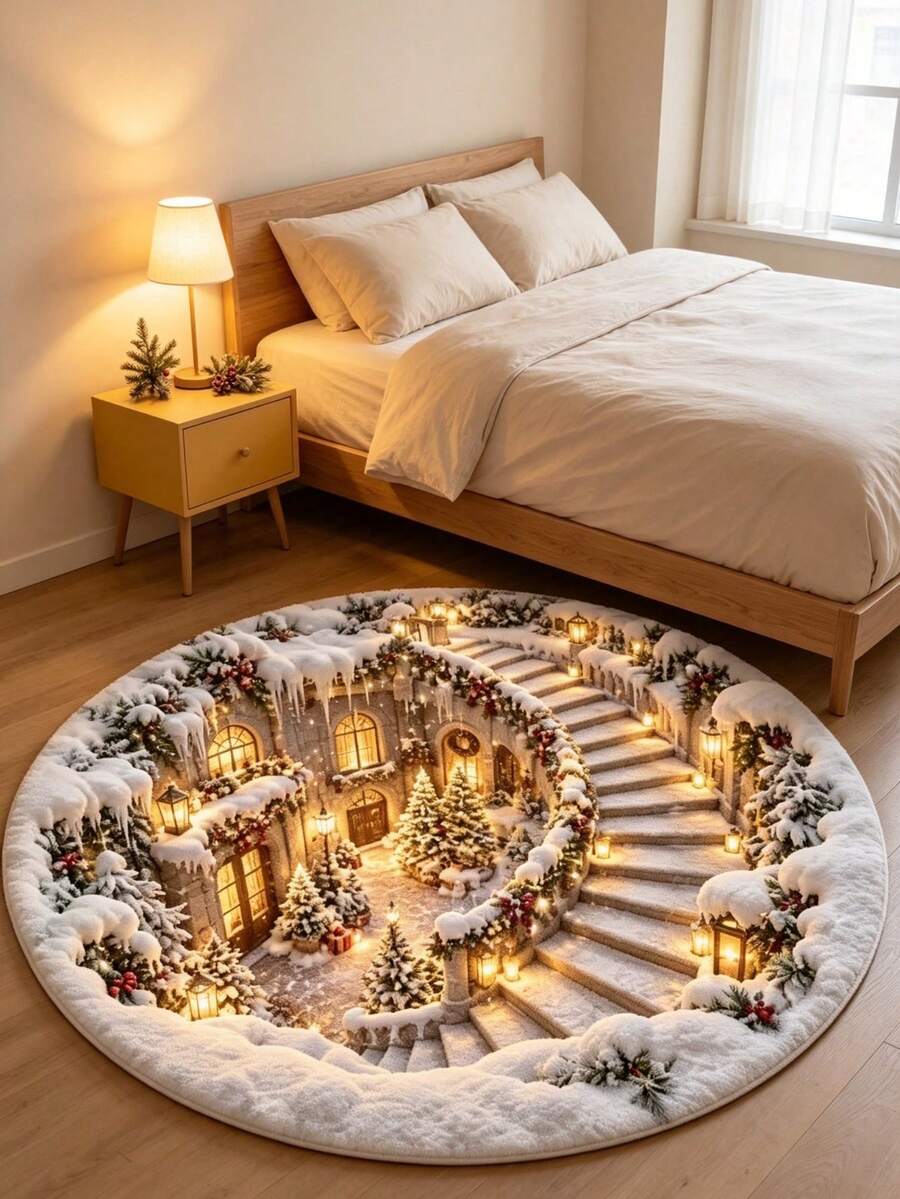 1pc Winter Christmas Magic Castle Round Rug, Snowy Ancient Castle Christmas Tree Night Scene Pattern, Thick Anti-Slip Bedroom Bedside Holiday Mat, Bedside Rug, Decorative Rug, Welcome Mat, Rug, Floor Mat, Outdoor Door Mat, Kitchen Home Decor, Front Door Mat, Area Rug, Outdoor Mat, Home Decor, Garden Rug, Washable Rug - Multicolor - View 1
